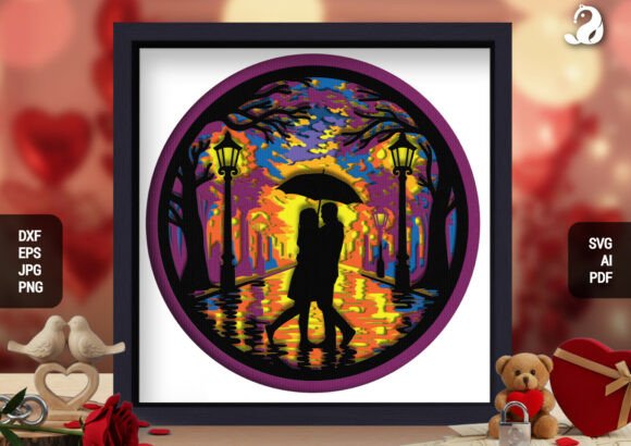 3D Rainy Night Couple Shadow Box SVG: Crafting Urban Romance in Layers