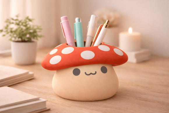 Mushroom Pen Holder STL 3D Model for Easy Print