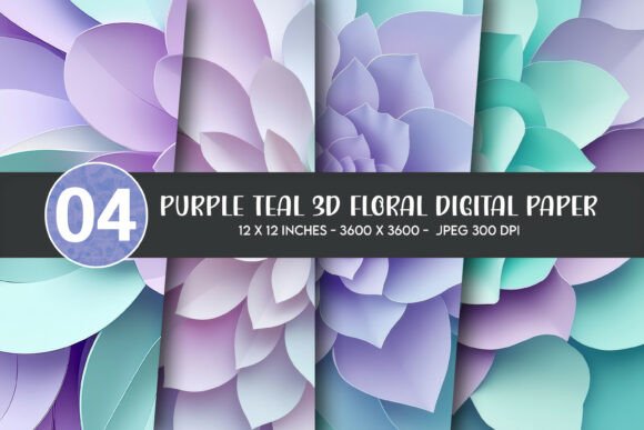 Purple Teal 3D Floral Digital Paper