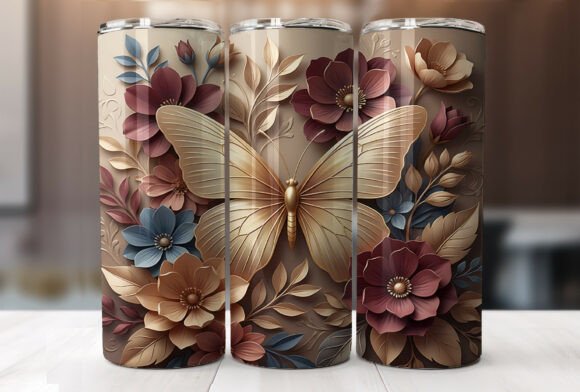 Transform Your Drinkware with the 3D Golden Butterfly Floral Tumbler Wrap